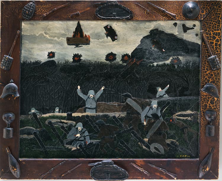 This is an important painting depicting the end of war. German soldiers are surrendering or being shot; vehicles are on fire; the feeling is chaos. The frame is  decorated with machine guns and guns and bombs.