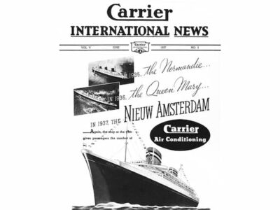 Ad showing an illustration of a ship from 1937, touting the benefit of sailing the ocean on a fully air-conditioned ship. 
