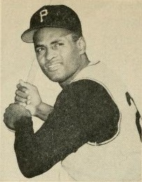 A black-and-white phto of Roberto Clemente from a baseball guide.