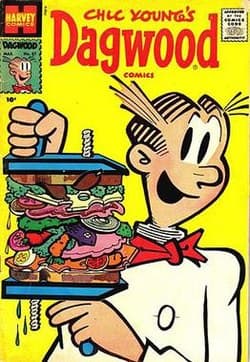 The bright yellow cover of a Dagwood comic book with Dagwood holding his famous sandwich.