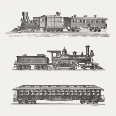 Three train sketches. The top sketch shows and engine and one sleeping car. The middle sketch is of a steam engine alone. The final image shows the exterior of a Pullman sleeping car. istockphoto