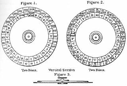 This is a black-and-white drawing showing two examples of cipher wheels.