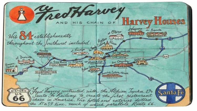 This is a color map indicating Fred Harvey locations across the West. 
The text notes there are 84 locations.