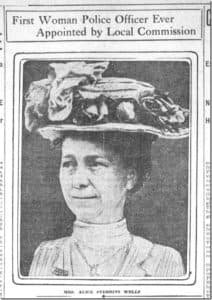 This is a newspaper clipping of Alice Wells. The article announces her appointment to being a police officer. She is in a fancy hat and is well-dressed.