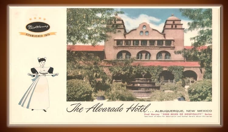 This is a postcard for the Alvarado Hotel in Albuquerque. There is a color photograph of the hotel that is built in a Southwest adobe style, and to the left is an illustration of a Harvey Girl delivering a pie on a tray.