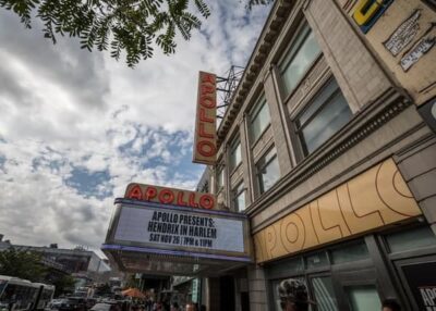 This view shows the marquis advertising "Hendrix in Harlem"