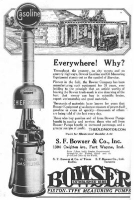 This is a black-and-white ad for S.F. Bowser & Company. depicting a gas station and the type of pump Bowser sold.