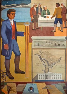 A mural shows Banneker with surveying tools, historical figures meeting, architectural drawings, a city map, and math instruments, highlighting scientific and mapping achievements.