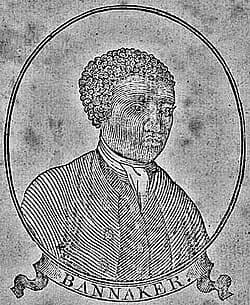 Black and white engraving of Benjamin Banneker with short curly hair, wearing a high-collared shirt and dark coat, framed by an oval with the name Banneker on a ribbon below.
