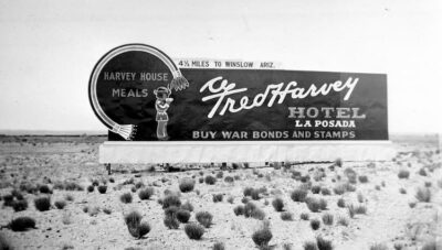 This is a billboard for the La Posado Hotel in Winslow, Arizona, It features a 1930s-version of an Indian brave.