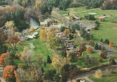 An aerial view of Brook Lodge, showing many outlying buildings.