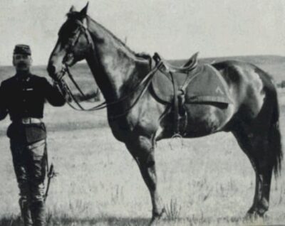 Comanche in black-and-white photo from Fort Riley. Cavalryman to the left of him.