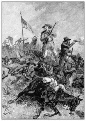 Illustration of Custer's last stand. Custer is surrounded by dying men; a dying horse is at the bottom of the illustration.