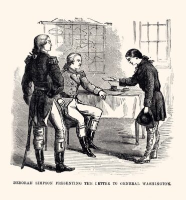 Black and white illustration of Deborah Sampson, the famed Female Soldier of the Revolutionary War, handing a letter to General Washington, who is seated at a table with another standing officer. Sampson stands respectfully, holding her hat in one hand.