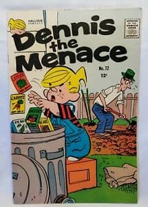 A cover of a Dennis the Menace comic. Dannis is frantically throwing away aoo the seeds (for vegetables) that his father (in the background) intends to plant in the garden.