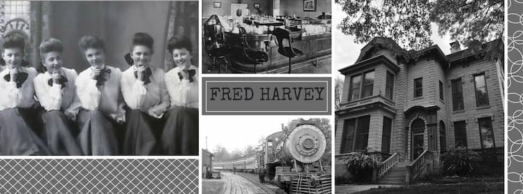 There are four photos. Far left, five Harvey Girls pose with their chins on their hands. Next is a photo of a dining room above a photo of a train engine. On the far right is Harvey's house in Leavenworth, Kansas.