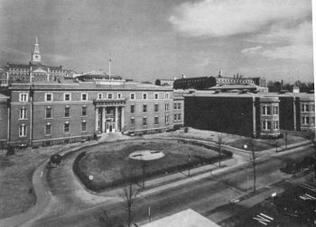 This is a black and white photo of the campus of Freedman's Hospital near Howard University.