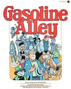This is the cover page of the comic strip Gasoline Alley. Walt is in the center front holding his hat