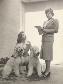 Two women in suits, one standing (Erlanger) and writing on a clipboard, the other (Greer Garson) kneeling beside two fluffy poodles from the canine unit, all posing outside in front of a white door and brick wall.