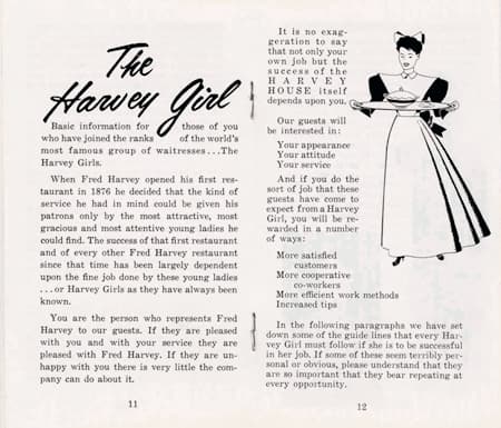 This is a typed page from an instruction manual for the Harvey Girls. Along with the written type, there is a sketch of the ideal Harvey Girl in uniform.