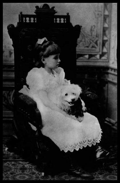 a very young Helen Keller, dressed in white, holding a white dog in her lap.