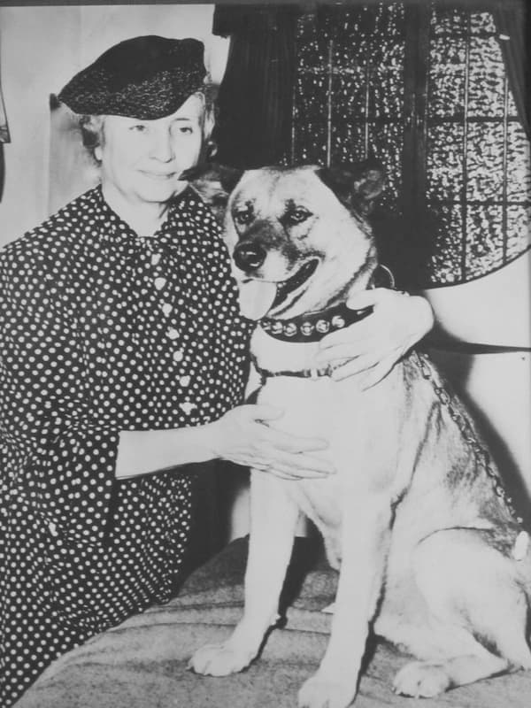 An older Helen Keller in a dress with a hat. Her hands are on her beloved Akita.