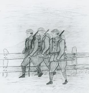 This is a sketch in pencil of 3 white soldiers in American uniforms. They carry guns and are marching in front of a fence.