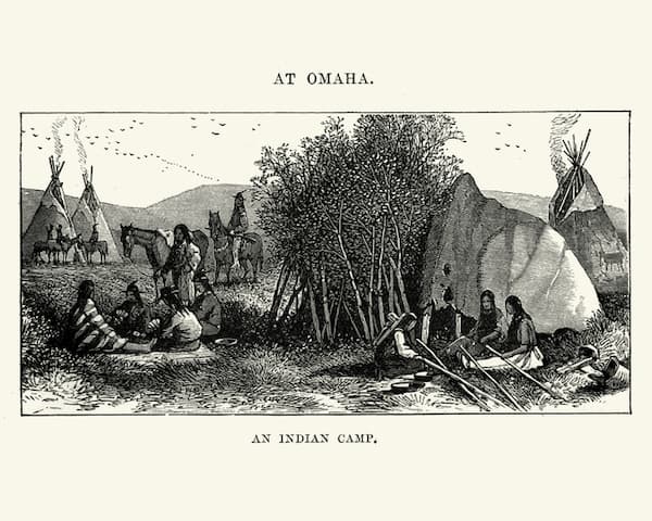 A published sketch from Harper's Weekly showing the Ponca tribe, likely on the move. They generally lived in earthen huts. istockimage