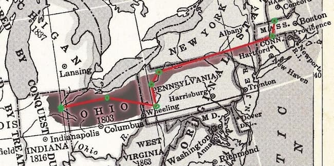 Map showing the areas where Johnny Appleseed traveled.