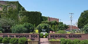 A color photograph showing the entrance to the Jim the Wonder Dog Memorial Garden in Missouri.