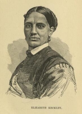 Illustration of Elizabeth Keckly. Her hair is braided and pulled up on top of her head and she is well-dressed.
