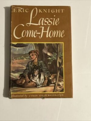 This would appear to be a very early cover of the book Lassie come Home. A little boy sits with hiss arms around a collie. He looks wistfully off in the distance.