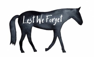 A silhouette of a horse with the words "Lest we Forget."