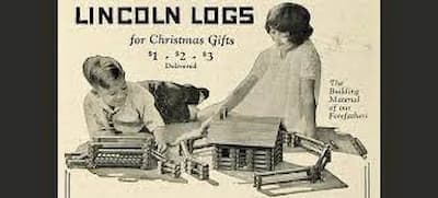 A black-and-white ad from 1923 advertising Lincoln Logs. Both a boy and a girl are featured playing with them.