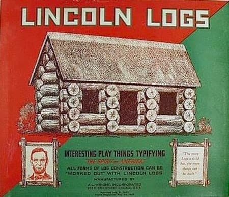 A color label for a container of Lincoln Logs. Abraham Lincoln's picture is featured on the package