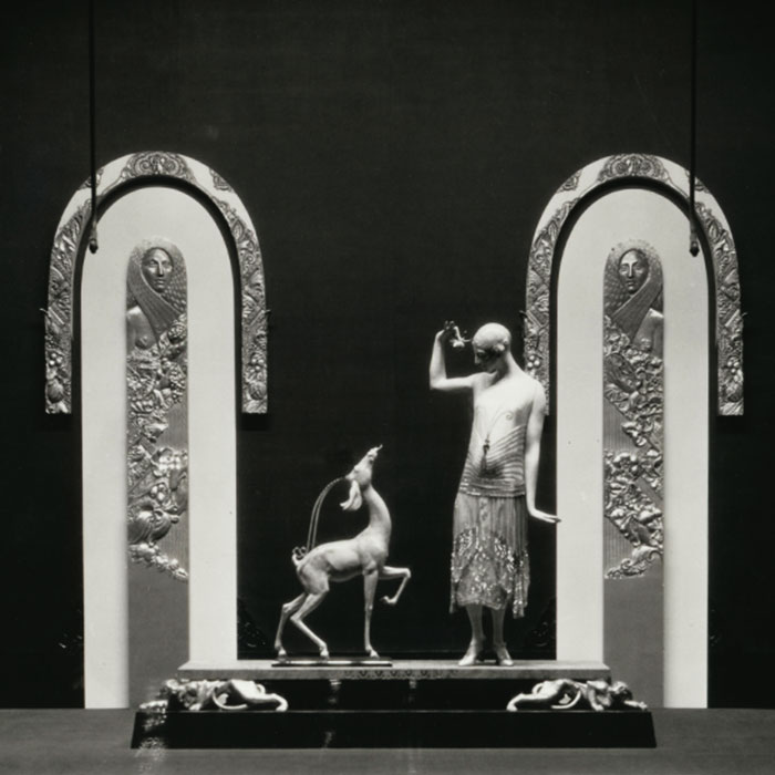 Black and white photo of modernistic store window used at Marshall Field 30 years ago.