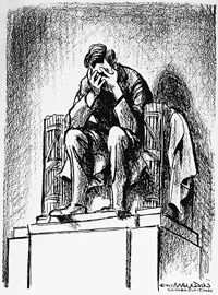 political cartoon; Abraham Lincoln statue with head down in grief following the assassination of John F. Kennedy