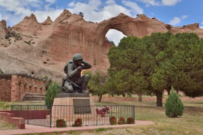 A fenced monument honoring the code talkers. Location: Window Rock, Arizona