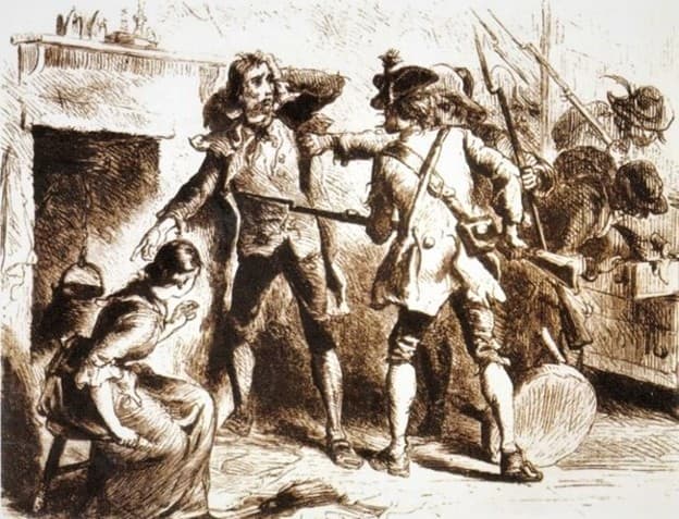 A sepia-toned illustration of armed soldiers, including a female soldier inspired by Deborah Sampson, confronting a standing man and a seated woman inside a room. One soldier points at the man while others carry weapons and search the area.