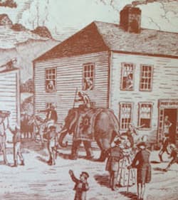 This is a sketch of small town with much excitement on the street. An elephant is guided through town by someone ridingon his back. Townspeople are out enjoying the spectacle.