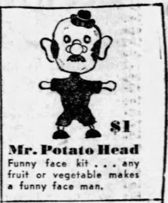 This is a black-and-white newspaper ad with a simple drawing of an early Mr. Potato Head. He wears a black hat and has sideburns and a moustache.