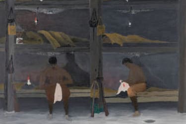 A dark painting of soldiers in the barracks, likely getting ready to go to sleep. 