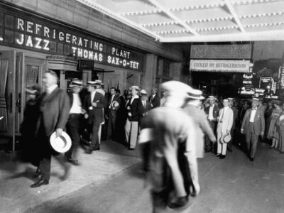 Black and white photograph of Rivoli Theater, advertising "Refrigerating Plant"