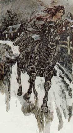 Illustration of Sybil on horseback with the rain teaming down upon her