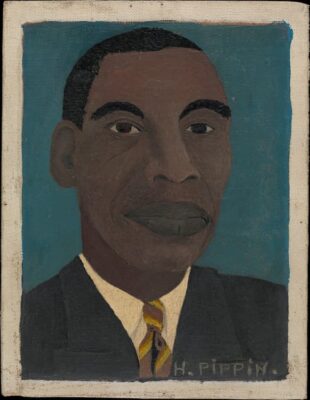 This self-portrait of Horace Pippin shows a good-looking man in a shirt and tie. He has big lips and heavy eyebrows. His look might be one of boredom.