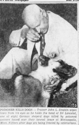 
this is a newspaper photograph of Sinykin mourning one of his poisoned dogs