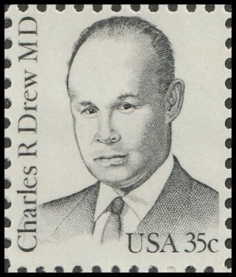 This is a sketch of Charles R. Drew who was chosen to be on the face of a stamp worth 35 cents.