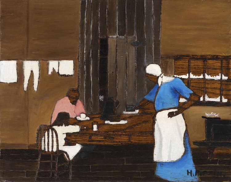 This is a poignant painting of a Black family having dinner. The feeling is one of end-of-day exhaustion.