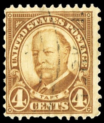 A vintage 4-cent U.S. postage stamp featuring a portrait of William H. Taft, with UNITED STATES POSTAGE inscribed around the border. The stamp is brown and shows minor cancellation marks—a unique collectible that recalls both Taft’s presidency and memorable White House trivia such as Taft’s cow, which once grazed on the grounds during his administration.