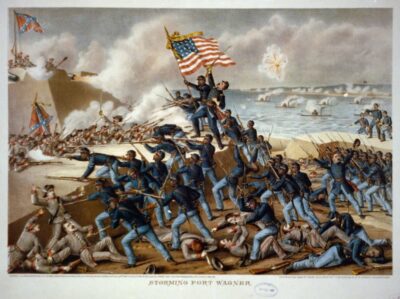 A color lithograph from 1890 depicting the stormingof Fort Wagner. William Carney is shown carrying the flag. Many lie dead and dying. Library of Congress Alison & Kurtz